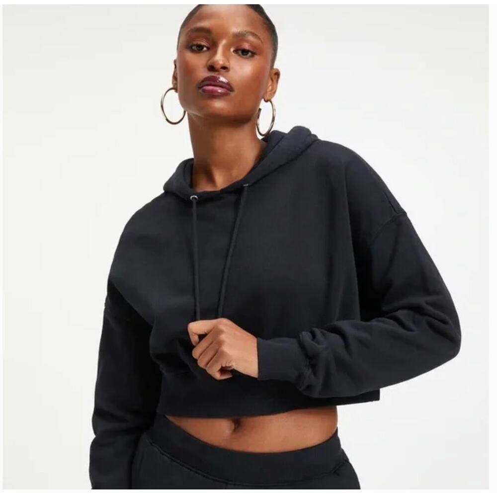 Good American Cropped Hoodie Black Cotton Boxy size 2 Small/Med